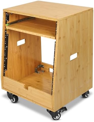 Sound Town DIY Slanted 10U Studio Rack (2U Top + 8U Lower) with Slide-Out Tray, 2U Bottom Storage & Casters, Solid Carbonized Bamboo Audio Equipment Rack for Recording Room & Home Studio (STBR-ST10T) - Image 3
