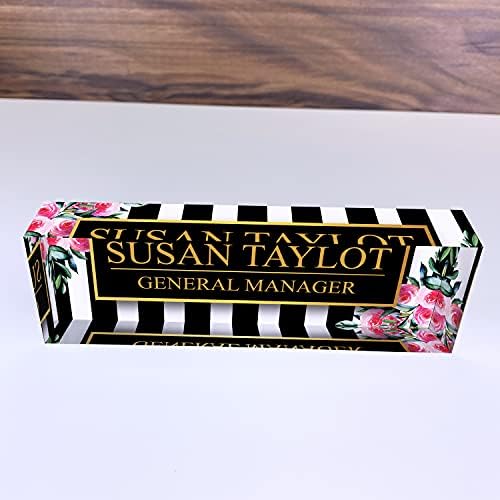 Artblox Office Desk Name Plate Personalized | Custom Name Plates for Desks | Black Stripes & Roses Design On Clear Acrylic Glass | Cute Office Desk Accessories Customized Gifts - (8" x 2.5") - Image 5