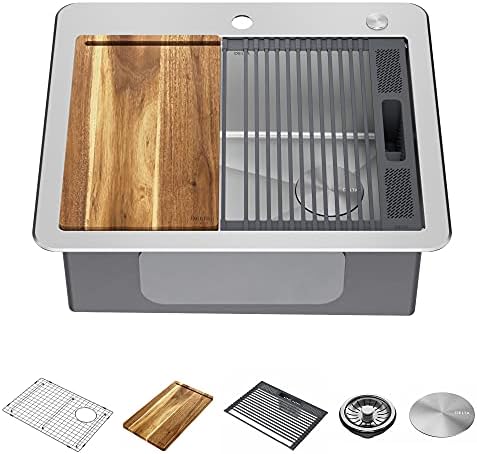 DELTA FAUCET 95A932-25S-SS Lorelai Workstation Kitchen Sink Drop-in Top Mount Stainless Steel Single Bowl with WorkFlow Ledge and Chef’s Kit of 5 Accessories by Unknown