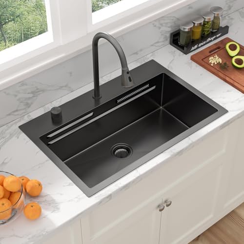 Sarlai 31 Inch Black Waterfall Kitchen Sink Drop In - 31x20 Inch Drop In Waterfall Sink Ledge Workstation Black Stainless Steel 16 Guage Single Bowl Kitchen Sinks Basin - Image 4