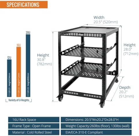 TECMOJO 16U Open Frame Network Rack for IT &AV Gear, AV Rack 4-Post with casters, Mobile 16U Rack with 2 PCS 1U Server Rack Shelf & Mounting Hardware, for 19" Network,Audio and Video Device - Image 2