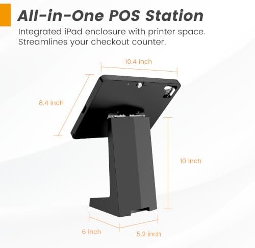 All-in-One Tablet POS Stand with Printer Compartment, All Metal Desktop Kiosk with Key Lock, 90° Flip Enclosure Compatible with iPad 10.9/11” - BSP101BA - Image 6