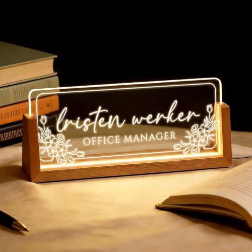 Personalized Light Up Acrylic Desk Name Plate - Custom Name Plate for Desk with Walnut Wood Base - Appreciation Office Gifts for Employees, Teacher, Social Worker (Flower) by Unknown