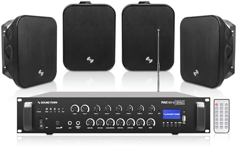 Sound Town Commercial Restaurant Bluetooth Amplifier + Surface-Mount Speaker Set, with One 6-Zone 70V/100V Amplifier with Bluetooth, 4 x 5.25-Inch Surface-Mount Speakers, Black (PAC180X4MS5B) by SOUNDTOWN