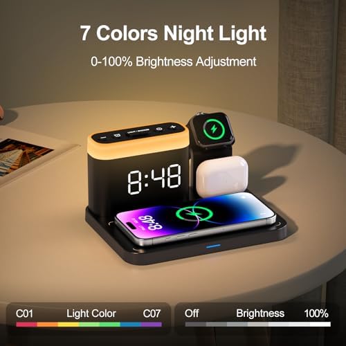 ANJANK Wireless Charging Station,5 in 1 Multiple Charger Stand with Alarm Clock,7 Night Light,Magnetic Charging Dock for iPhone 18 17 16 15 Pro Max Duo Air Plus, Apple Watch 12/11, for Airpods,Bedroom - Image 6