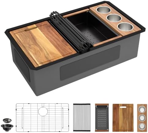 30" x 19" Undermount Matte Black Workstation Kitchen Sink by FULORNI