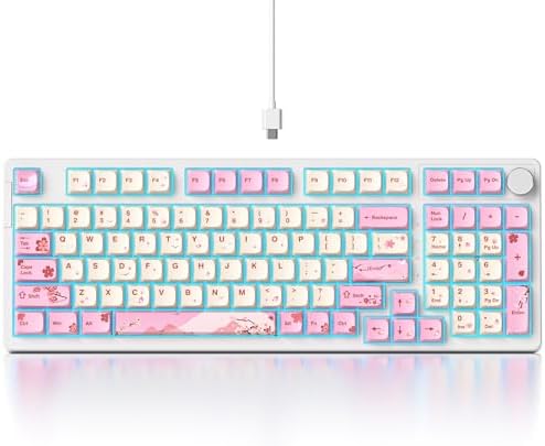 Fogruaden Pink Creamy Mechanical Keyboard with Number Pad, Hot Swappable RGB Gaming Keyboard, 98 Key Full Layout, Custom Gasket Mount, Red Switch, NKRO for Win/Mac by Fogruaden