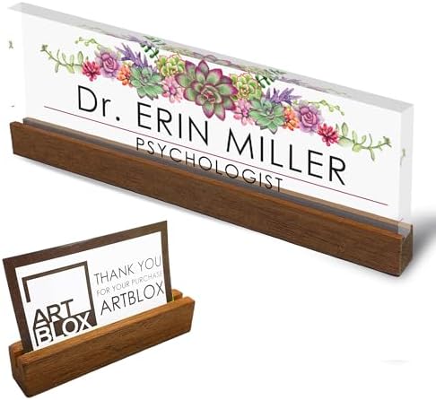 ARTBLOX Personalized Acrylic Desk Name Plate, Succulents, Wood Stand by Artblox