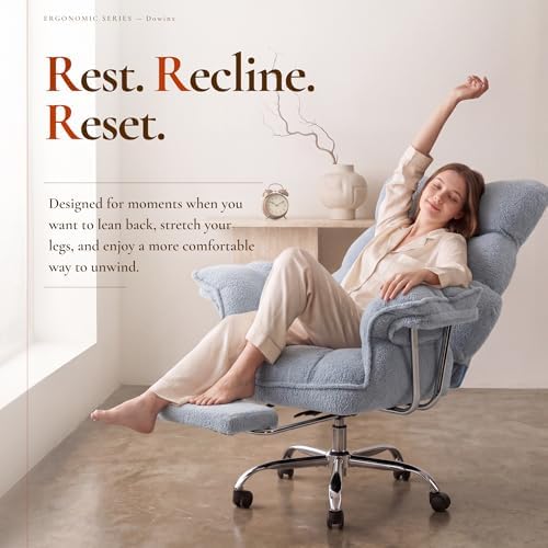Dowinx Big and Tall Office Chair, Ergonomic Desk Chair with Thick Cushion, Wide Seat & Armrests Computer Gaming Chair,High Back Reclining Teddy Fleece Criss Cross Chair with Foot Rest, Blue - Image 5
