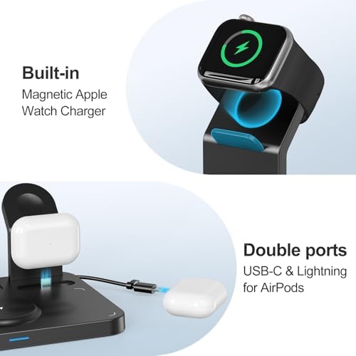 ANJANK Wireless Charging Station,5 in 1 Multiple Charger Stand with Alarm Clock,7 Night Light,Magnetic Charging Dock for iPhone 18 17 16 15 Pro Max Duo Air Plus, Apple Watch 12/11, for Airpods,Bedroom - Image 5