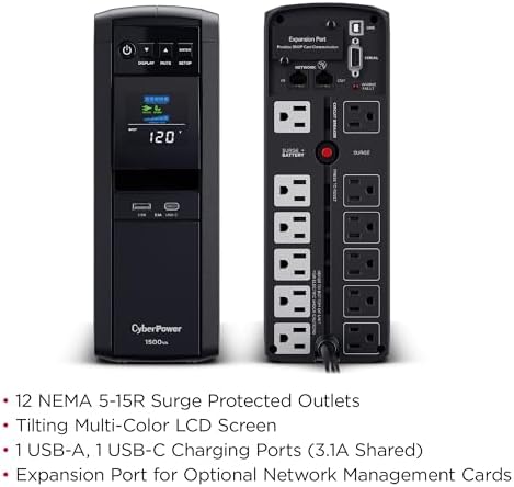 CyberPower CP1500PFCLCDTAA PFC Sinewave UPS System, 1500VA/1000W, 12 Outlets, AVR, Mini Tower, TAA Certified, Black - Image 3