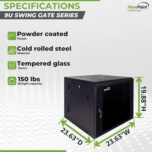 NavePoint 9U Server Cabinet with Hinged Back - 23.6” Deep, Server Rack Enclosure with Locking Glass Door, Wall Mount Rack with Removable Side Panels, Network Cabinet with 2 Fans, Pre-Assembled - Image 5