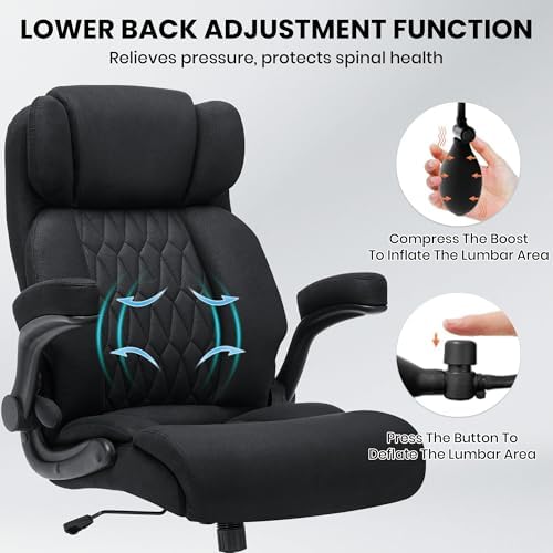 500lbs Big and Tall Office Chair Adjustable Lumbar Support for Back Pain, Extra Wide Seat Executive Office Chair Thick Armrest Pad, Heavy Duty Base&Upgraded Wheels, Ergonomic Desk Chair (Matte Black) - Image 4