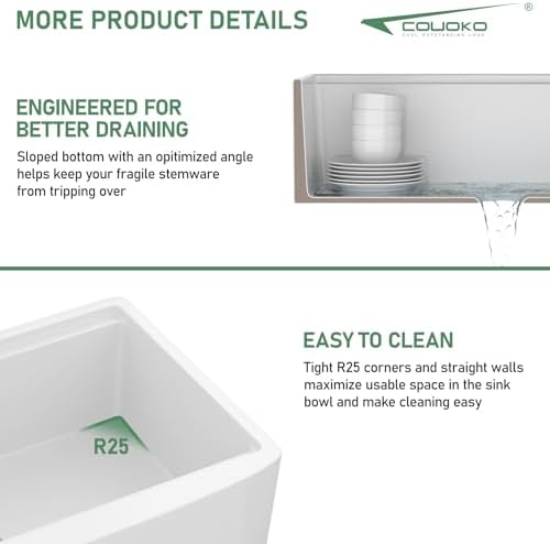 33 Inch White Farmhouse Sink Workstation - Couoko White Curved Apron Front Fireclay Farmhouse Sink Large Deep Ceramic Single Bowl Farm Kitchen Sinks with Luxury Gold Accessories, 33" x 21" x10" - Image 6