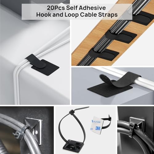 Cable Management Kit - 4 Cable Sleeve, 57 Self Adhesive Cable Clips, 12 Hanging Strips, 12 Cable Organizer Straps and 100 Fastening Cable Ties for TV Computer Under Desk (Black and White) - Image 6