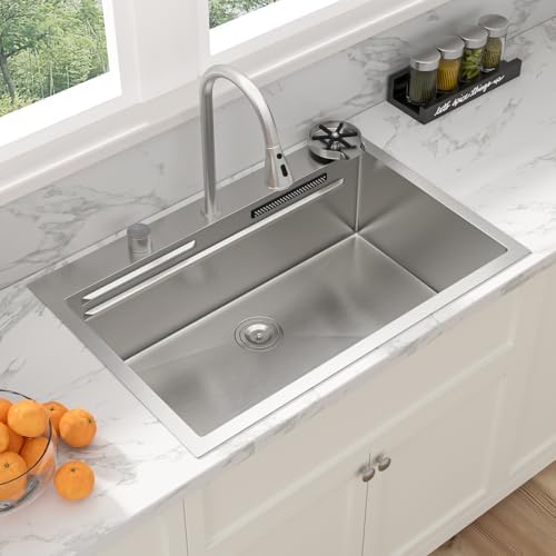 Sarlai 33 Inch Waterfall Kitchen Sink - 33x22 Inch Drop In Kitchen Sink Ledge Workstation Topmount Multifuctional Smart Stainless Steel 16 Guage Single Bowl Sinks Basin with Faucet - Image 4