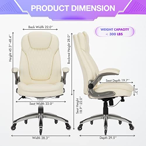 COLAMY Ivory Leather High Back Executive Office Chair Set of 2, Ergonomic Desk Chair with Flip-up Arms, Thick Cushion, Silent Nylon Wheels, Adjustable Height & Rocking Function, 300lbs Capacity - Image 3