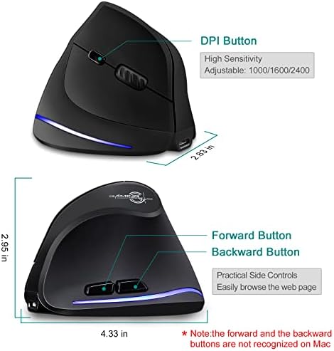 TRELC Wireless Mouse Tri-Mode (BT 5.0/3.0+2.4GHz), Ergonomic Vertical Mouses with 3 Adjustable DPI, Rechargeable Optical Wireless Mice for 3 Devices, 7 Buttons for PC, Desktop, Laptop, Tablet (Black) - Image 5