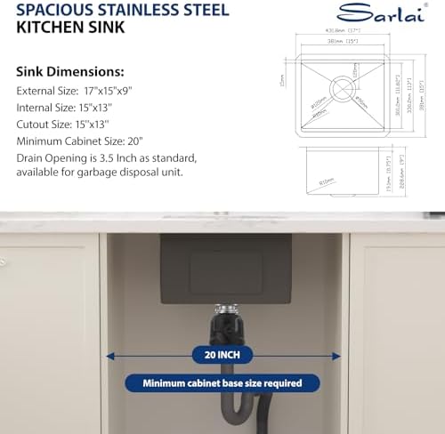 Sarlai 17 Inch Kitchen Sink Undermount 17"x15" Bar Pre Workstation Sinks - Image 6