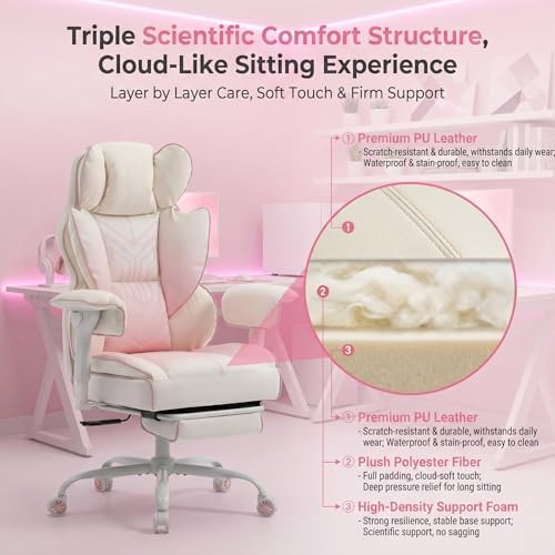 Big and Tall Gaming Office Chair 400lbs - Heavy Duty Ergonomic Computer Desk Chair with Footrest, Adjustable Armrests, High Back PU Leather with Racing Style (White/Pink) - Image 5
