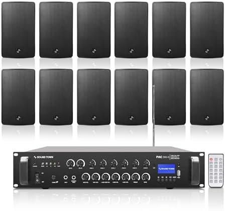 Sound Town Commercial Restaurant Bluetooth Amplifier + Surface-Mount Speaker Set, with One 6-Zone 70V/100V Amplifier with Bluetooth, 12 x 6.5-Inch Surface-Mount Speakers, Black (PAC360X12TV6B) by SOUNDTOWN