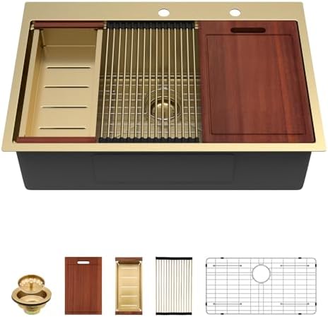 Sarlai 33 Gold Drop In Kitchen Sink Workstation Topmount 33x22 Inch Sinks by Sarlai