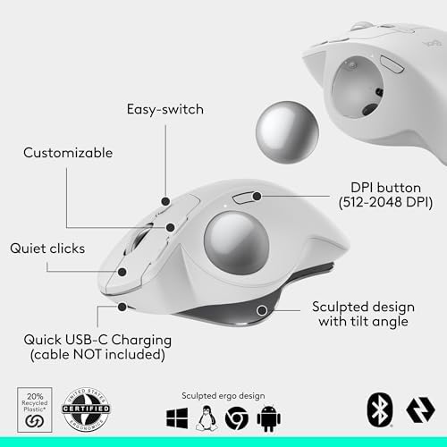 Logitech MX Ergo S Advanced Wireless Trackball Mouse, USB-C Rechargeable Wireless Ergonomic Mouse with Bluetooth and Encrypted Dongle, 6 Programmable Buttons, for PC/Mac - Pale Grey - Image 6