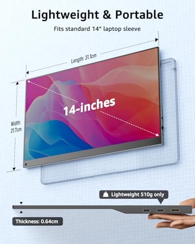 Yodoit Portable Monitor for Laptop 1920×1200 14" FHD Travel IPS Screen Display with USB Type C Port and Built-in Speakers with Cover Compatible with PC, MacBook, Xbox - Image 2