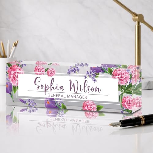 Personalized Name Plate for Desk Custom Desk Name Plate Acrylic Office Desk Accessories Decor for Women Teacher Nurse Boss Employee Appreciation Gifts for Mother Pink Floral Name Plates by Feraurae