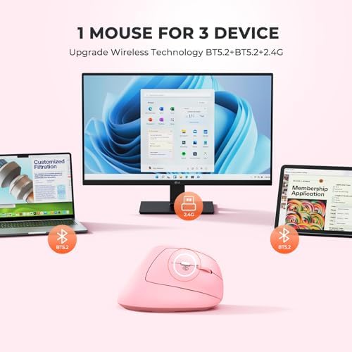 MEETION Ergonomic Vertical Mouse, Wireless Bluetooth Mouse - Pink - Image 6