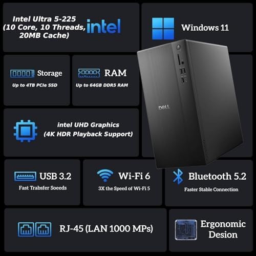Dell 2025 ECT1250 Business Desktop - Intel Ultra 5-225, (10 Core Processor 10 Threads), 32GB DDR5 Memory, 2TB PCIe SSD, Ultra-Quiet Design, Dual 4K Monitor Support, Keyboard and Mouse, Windows 11 - Image 2