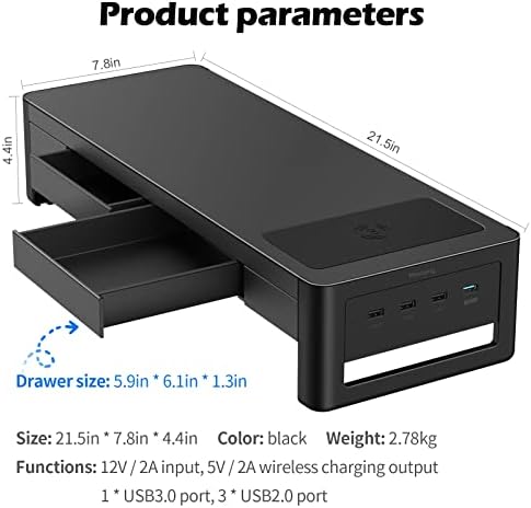 meatanty 3 In 1 Monitor Stand Riser with 2 Drawers,1 Wireless Charging Module and 4 USB Ports,Metal Computer Stand Support Transfer Data & Charging,Desk Organizer for PC,iMac (21 inches) - Image 6