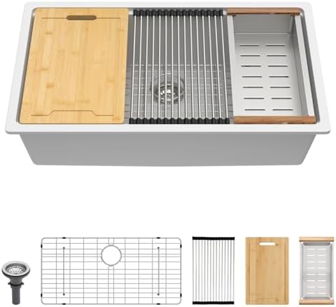 Lordear 32 Granite Composite Kitchen Sink Undermount 32"x19" White Kitchen Sink Deep Single Bowl Under Counter Workstation Sinks with Accessories by LORDEAR