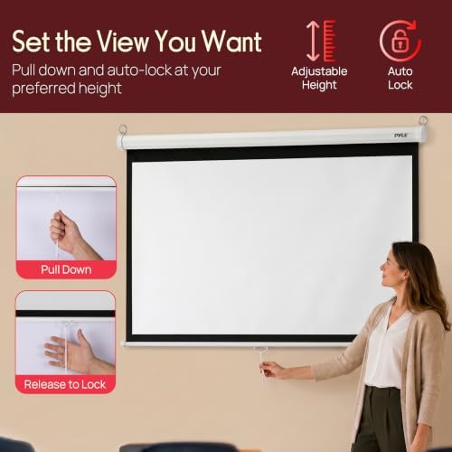 Pyle 72 Inch Pull Down Projector Screen | Manual Retractable Projector Screen, with Roll-Down Matte White Surface, Auto-Locking Height Adjustment, Wall or Ceiling Mount | Home Theater Accessories - Image 3