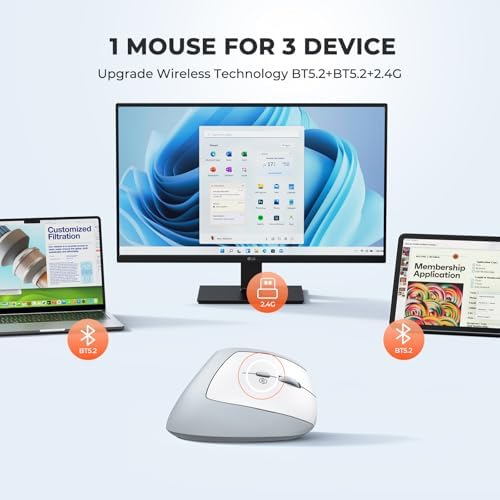 MEETION Ergonomic Vertical Mouse, Wireless Bluetooth Mouse - White - Image 6
