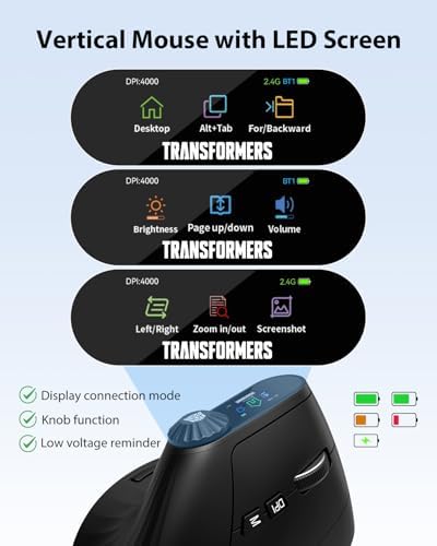 Transformers Vertical Ergonomic Mouse with LED Screen & Knob Control Black - Image 3
