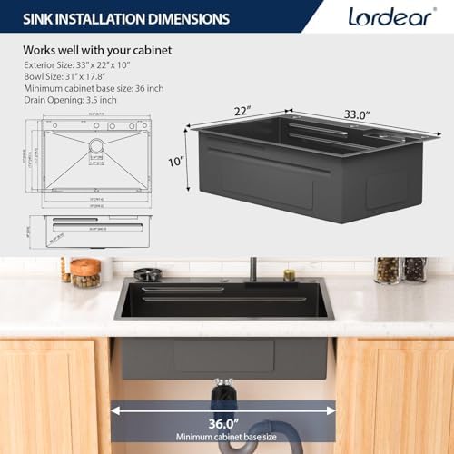 Lordear 33 Inch Black Drop In Kitchen Sink Waterfall T304 16 Gauge Stainless Steel Single Bowl Workstation Ledged Functional Large Kitchen Sinks 33x22x10 Inch - Image 6