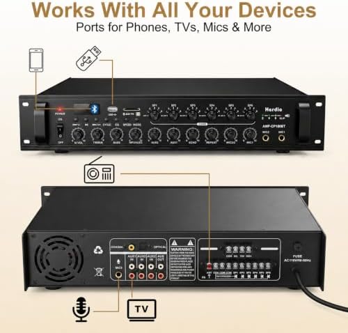 Herdio 180W 70V Commercial Bluetooth Amplifier System with 8-Pack 6 Inch Ceiling Speakers, USB/SD/Optical/Mic Inputs, 15W/7.5W/3W Adjustable Taps for Restaurant Bar Cafe Office - Image 3