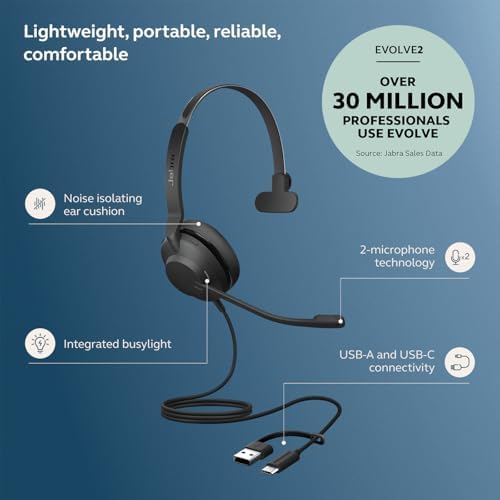 Jabra Evolve2 30 SE (2025 Version) Wired Single-Ear Headphones with Microphone – Computer Headset - USB-A and USB-C Cable - Microsoft Teams Certified - Works with All Meeting Platforms – Black - Image 2