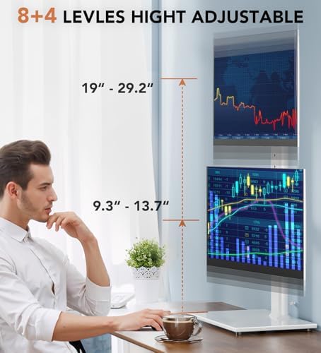 Hemudu Dual Monitor Stand - Vertical Stack Screen Free-Standing Monitor Riser Fits Two 13 to 34 Inch Screen with Swivel, Tilt, Height Adjustable, Holds One (1) Screen up to 44Lbs HT05W-002 White - Image 2