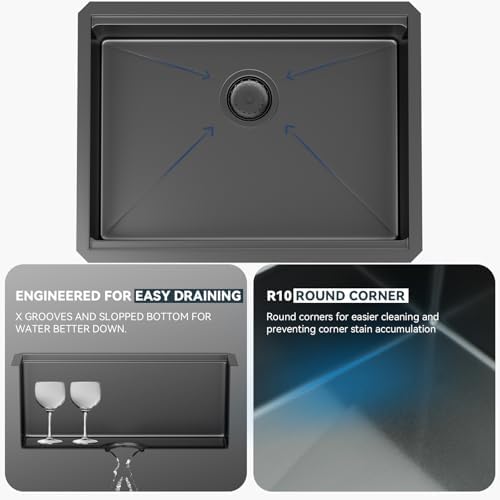 Lordear 25 Inch Black Kitchen Sink Undermount Kitchen Sink Workstation 25x19x10 Gunmetal Black 16 Gauge Stainless Steel Single Bowl - Image 6