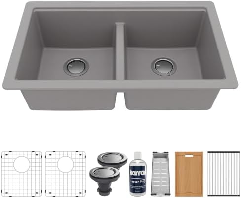 Karran 32.5" Grey Quartz Composite Undermount Double Bowl Workstation Kitchen Sink, 50/50 Chef Prep Station with Cutting Board, Roll-Up Mat, Colander, Bottom Grids and Accessories – QUWS-880 by Karran