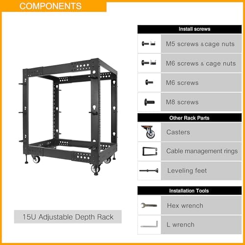 RIVECO 15U Server Rack Adjustable Depth Network 4 Post Cabinet Open Frame with Leveling Feet & Wheels Fully Rivets 1400 LBS - Image 5
