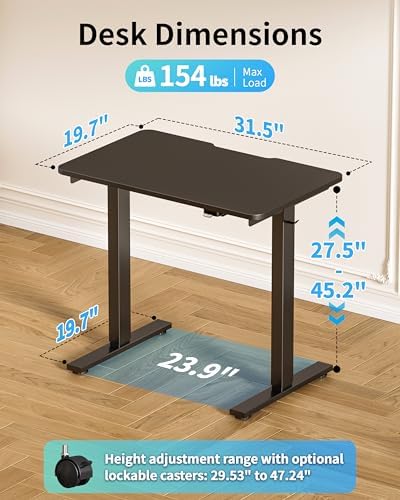 Okin Electric Standing Desk 31.5x19.7 Inches Small Computer Desk-Whole Piece Stand up Desk with Wheels Gaming Rolling Home Office Desks, Black - Image 2