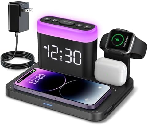 ANJANK Wireless Charging Station,5 in 1 Multiple Charger Stand with Alarm Clock,7 Night Light,Magnetic Charging Dock for iPhone 18 17 16 15 Pro Max Duo Air Plus, Apple Watch 12/11, for Airpods,Bedroom by ANJANK