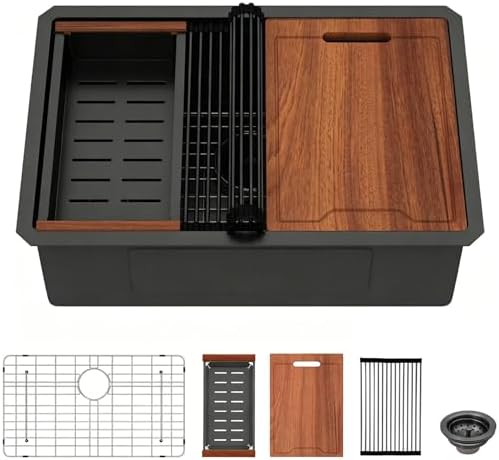 Lordear 28x18 Matte Black Kitchen Sink - 28 Inch Undermount Kitchen Sink Ledge Workstation Black T304 16 Gauge Stainless Steel Single Bowl Under Counter Kitchen Sink Basin with Built- in Accessories by LORDEAR