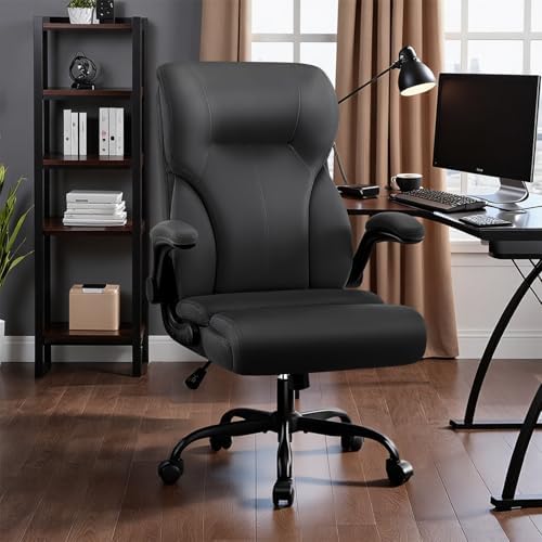 Executive Office Chair,High Back Ergonomic Comfy Desk Chair with Padded Flip-up Armrests and Wheels,PU Leather Heavy Duty Computer Swivel Rolling Task Chair for Home Office,Adults,Black - Image 2