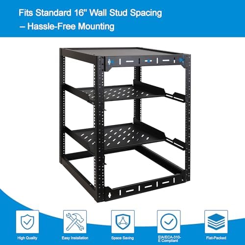 RackPath 16U Open Frame Network Rack with 2X 14in Vented 1U Shelves Rear Support, Wall Mount/Floor Standing Network Cabinet, Heavy Duty 150 lbs Capacity for IT & AV Gear, Audio and Video Device - Image 5
