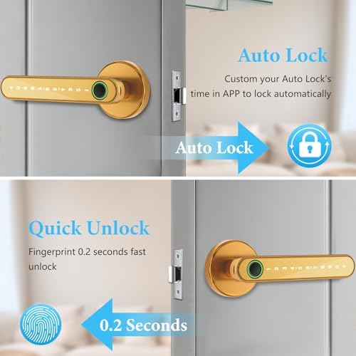 Smart Door Lock with Knob, Keyless Entry Door Locks with Handle, Fingerprint Door Knob for Bedroom/Front Door/Apartment,Generate Passcode Gold - Image 6