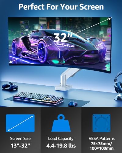 Single Monitor Mount for 32 27 24 22 inch Screen, Monitor Arm Holds 4.4-22 lbs, Monitor Desk Mount, Gaming & Home Office Use, VESA 75x75mm & 100x100mm, Pro White - Image 2